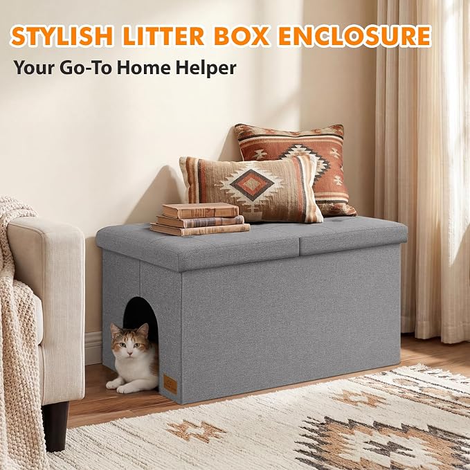 Zerbuger Cat Litter Box Enclosure Furniture for Odor Control, Hidden Cabinet Cats Litter Ottoman with Flip-Up Lid,Cat Litter Box Bench with Storage Space, Dog Proof (Light Grey, X-Large)