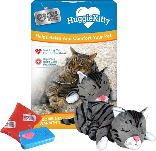 HuggieKitty | Comfort Purring Companion with Heartbeat Sleep Aide for Cats & Kittens, Heating for Calming Relief, Carrier & Behavioral Training Essential, Breeds, Pet's Know Best | Grey