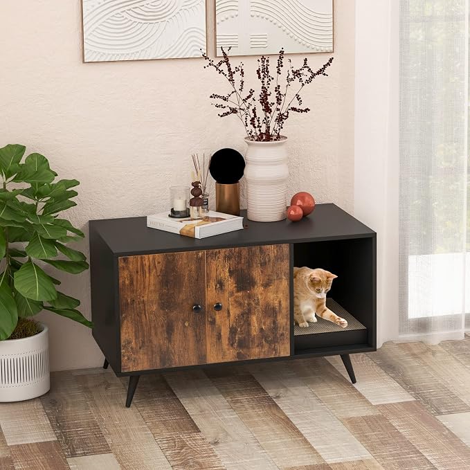 Giantex Cat Litter Box Enclosure, Hidden Cat Washroom Furniture, 2-Door Cabinet, Front Entry, 3 Vent Holes, Cat Scratching Pad, Wooden Pet House Crate End Table for Living Room (Black & Rustic Brown)