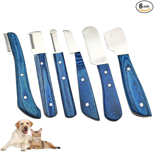 Professional Dog Grooming Stripping Knife Kit – 6-Piece Pet Grooming Tool Set with Stainless Steel Blades & Wooden Handles for Undercoat Removal, Deshedding, Coat Thinning Natural (Blue)