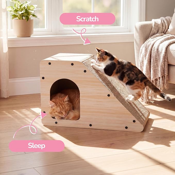 Kento 23.63" Modern Cardboard Cat Cave Scratcher with Catnip, Angled Trapezoid Hideaway House and Scratching Lounge for Indoor Cats, Oak Wood Finish CSR1008I