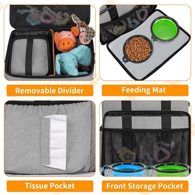 Dog Travel Bag,Large Pet Travel Bag for Supplies with 2 Food Container and Collapsible Bowls,Dog Travel Supplies Organizer Kit for Weekend,Road Trips,Camping
