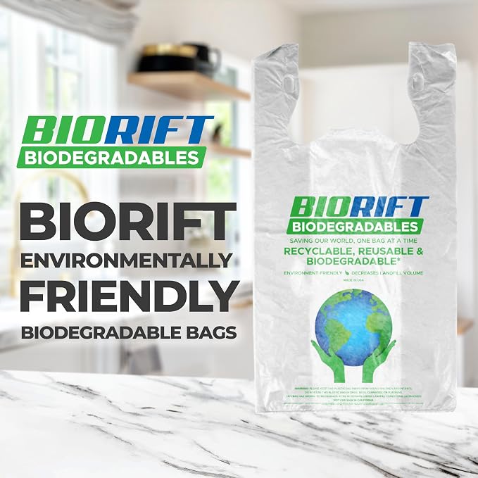 BioRift T Shirt Grocery Bags - 100% Biodegradable & Eco Friendly – Reusable Supermarket Small Trash Bags - Extra Strong Thank You Plastic Shopping Handles - Recyclable For Dog & Cat Poop (500 Count)