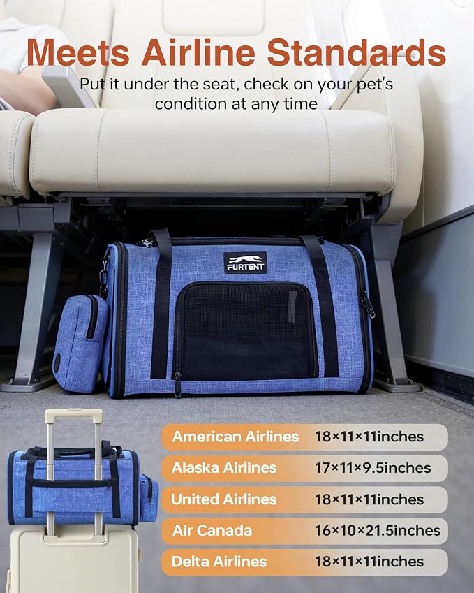 17x11x9.5 Pet Carrier Airline Approved, Cat Carrier with Litter Box, Soft Sided Cat Dog Carrier Up to 15 lbs, Breathable Travel Pet Carrier with Calming Curtain, Storage Bag & Poop Dispenser, Blue