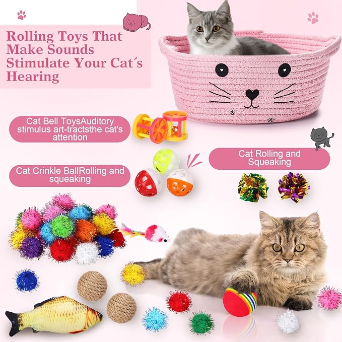 Zopeal 58 Pcs Summer Graduation Cat Storage Basket Gift Toys Set, Colorful Flashing Balls Pet Bell Crinkle Balls Spring Toys Attract Cat to Swat, Hunt, Interactive for Pet(Pink,9.8 Inch)