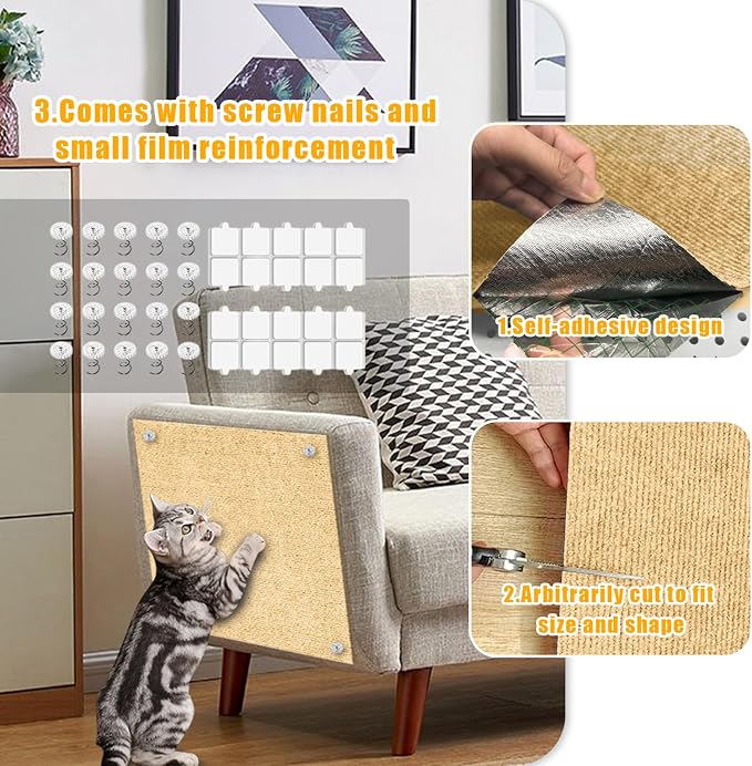 Cat Scratch Mat,118.5"x17.4" Trimmable Self-Adhesive Cat Scratch Furniture Protector, Sticky Cats Scratcher Wall Mat, Covering Cat’s Tower, Couch Protector from Cats Claws (Beige)