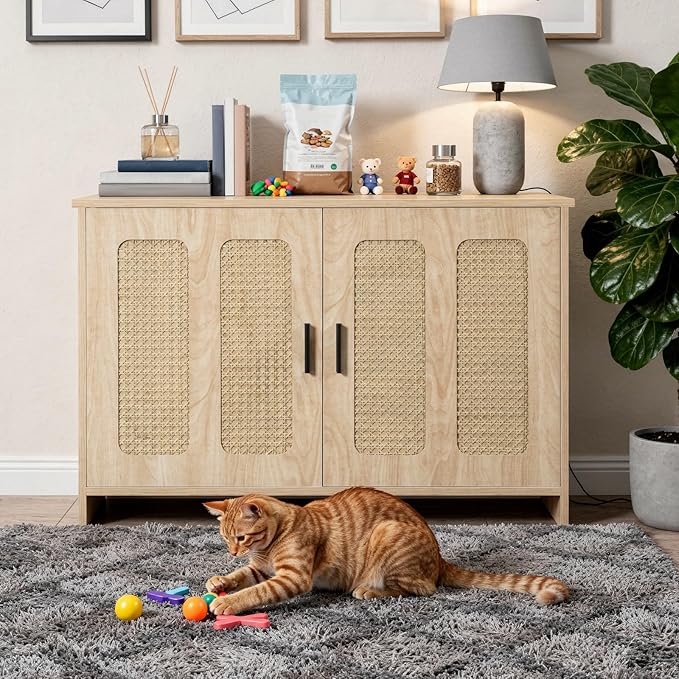 HOOBRO Farmhouse Cat Litter Box Enclosure, Hidden Litter Box Furniture with Side Entry & Vents, Litter Box Cabinet with Double Woven Doors, Side Table for Living Room, Bedroom, Natural NL33MW01