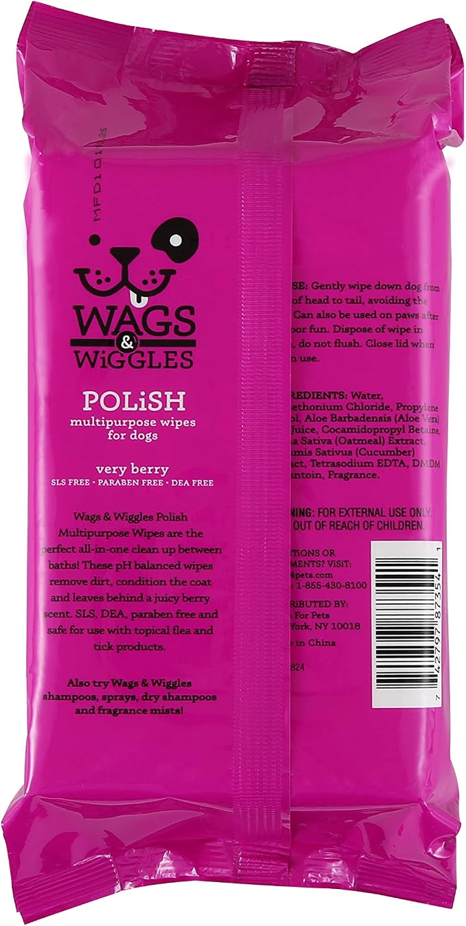 Wags & Wiggles Polish Multipurpose Wipes for Dogs, Very Berry Scent - Scented Dog Wipes Clean & Condition Your Dog's Coat Without A Bath, 100 Count - 12 Pack