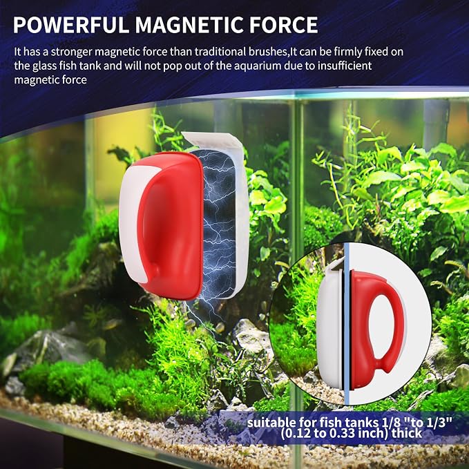 Aquarium Magnet Glass Cleaner Brush,Glass Fish Tank Algae Brush Cleaning Tool, with Two Algae Scraper，Floating Design Brush,Easy to Clean,Suitable for 1/8 to 1/3 Inch Fish Tank(Small)