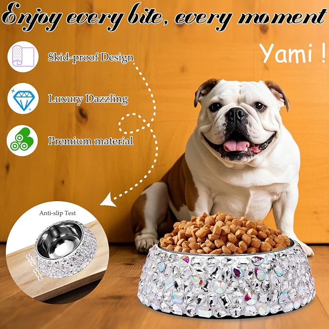 SlowVibes Bling Stainless Steel Dog Bowls,12oz Detachable Big Diamond Metal Food Water Bowl for Feeding Dogs Cats,Rust Resistant Non-Slip Puppy Dish,Sparkle Essentials for Small Medium Large Girl Pets