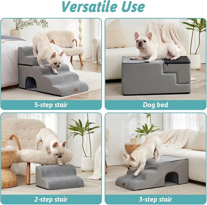 COZY KISS Extra Wide Dog Stairs with Tunnel, Detachable Large Pet Step for Small Medium Dog, Puppy or Cat, Ramp for High Bed, Couch, Sofa or Car, Stable, 19.7x33x22.4 inch, 5 Step, Grey