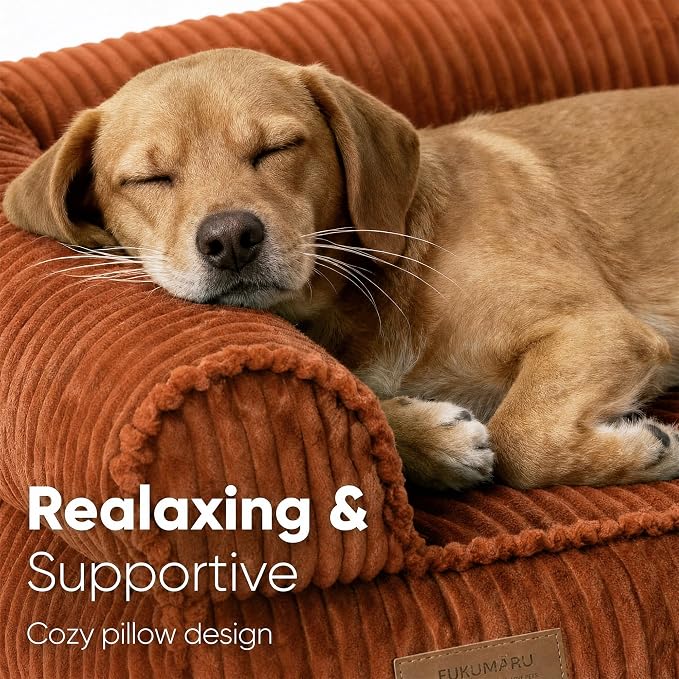 FUKUMARU Dog Couch Bed, Corduroy Cozy Cat Bed for Indoor Cats with Washable Cover, 28in Waterproof Orthopedic Dog Beds Sofa for Small Dogs and Large Cats, Cute Warm Cotton Pet Sofa, Orange