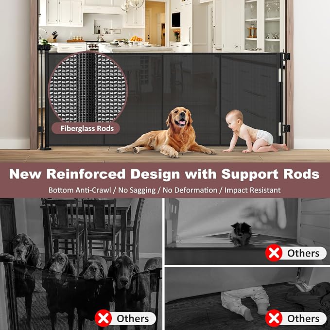 Reinforced 41 Inch Extra Tall Retractable Baby Gates 80" Wide Retractable Dog Gate with Support Rods – Prevents Crawling Under, Indoor Long Baby Gate Retractable Gate Outdoor Extra Tall Dog Gate/Black