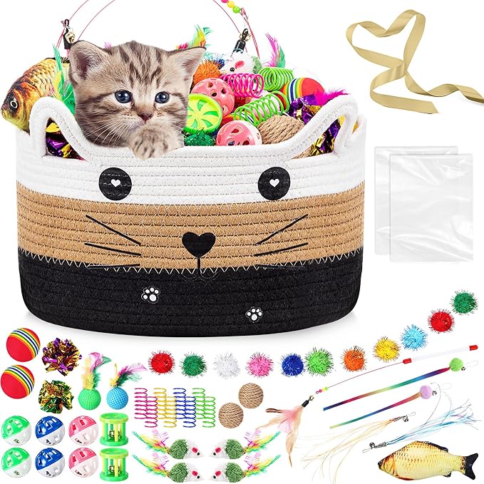 Zopeal 76 Pcs Graduation Cat Storage Basket Gift Toys Set Interactive Cat Toys Kitten Wand Colorful Flashing Balls Pet Crinkle Balls Attract Kitten to Swat, Hunt for Pet Indoor(White,Coffee,Black)
