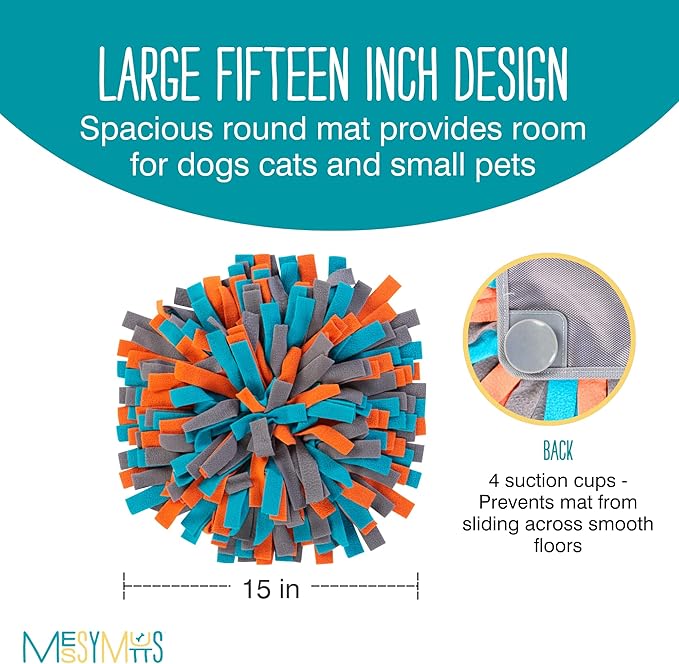 Messy Mutts Round 15” Forage Mat with No-Slip Suction Cups | Snuffle Mat Puzzle for Dogs | Stimulating Sniffing Interactive Puzzle for Dogs