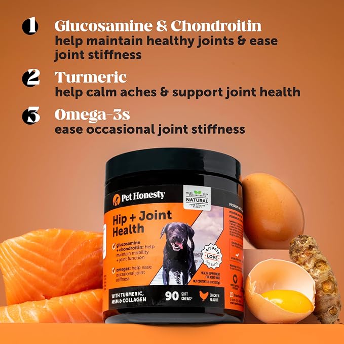 Hip + Joint Supplement for Dogs with Glucosamine Chondroitin - MSM, Turmeric & Collagen Soft Chews - Joint Function, Stiffness, and Mobility Support, May Reduce Occasional Discomfort (Chicken, 180 Ct)