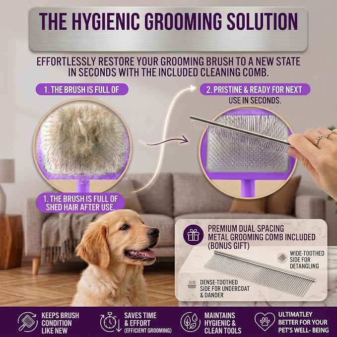 Large Slicker Brush for Dogs - 3-Piece Solid Wood Dog Grooming Kit for Doodles and Poodles - for Wavy, Curly & Matted Hair, Purple