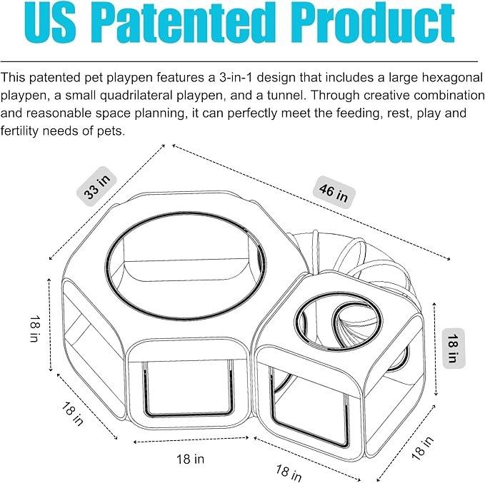 Portable Cat Playpen 2-Room with Tunnel, 3-in-1 Pop-up Cat Dog Crate Play Enclosure with Separate Areas, Foldable Pet Playpen for Puppy Kitten and Small Animals Indoor Outdoor