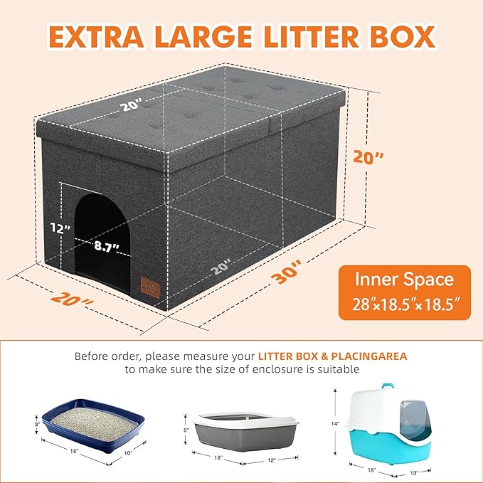 Zerbuger Cat Litter Box Enclosure Furniture for Odor Control, Hidden Cabinet Cats Litter Ottoman with Flip-Up Lid,Cat Litter Box Bench with Storage Space, Dog Proof(Grey, X-Large)