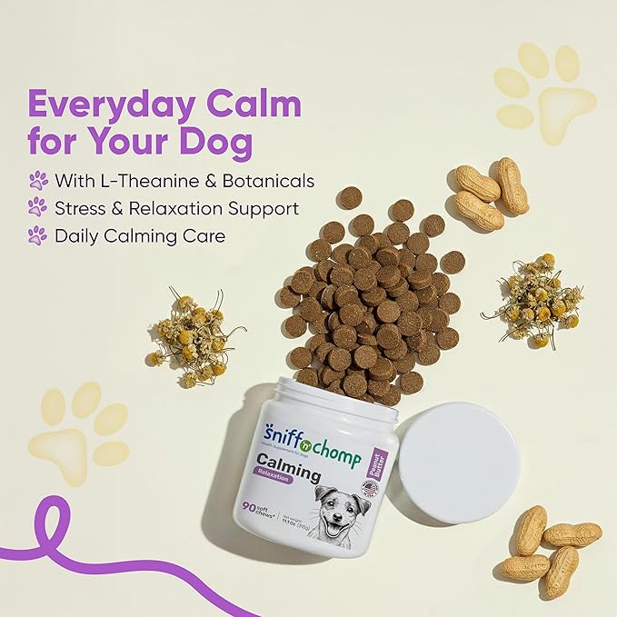 SNIFF 'N' CHOMP Dog Calming Chews, Peanut Butter Flavor, Natural Anxiety Relief with L-Theanine Chamomile Valerian Melatonin, Stress Support for All Breeds, Calming Dog Treats | 90 Soft Chews