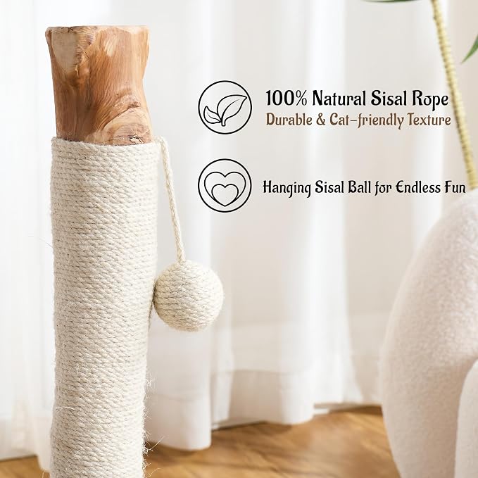 29" Tall Solid Wood Cat Scratching Post for Indoor Cats, Extra Stable Heavy Base, Natural Sisal Scratcher with Hanging Ball, Furniture Protector for Kittens & Adult Cats, White