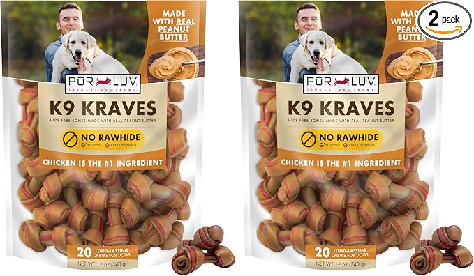 Pur Luv K9 Kraves Rawhide Free Bone Dog Treats, Peanut Butter Flavor, Made with Real Peanut Butter and Chicken, Healthy,Easily Digestible,Long Lasting, and High Protein Dog Treat, 20 Count (Pack of 2)