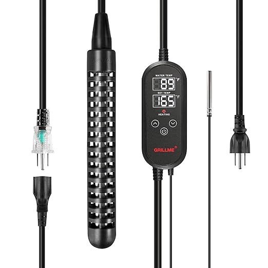 GRILLME 1500W Immersion Water Heater with Intelligent Temperature Controller,Fully Submersible Portable Electric Heater,5 Galons Bucket Heater,Corrosion Preventive 316L Shel,Easy and Convenient to Use