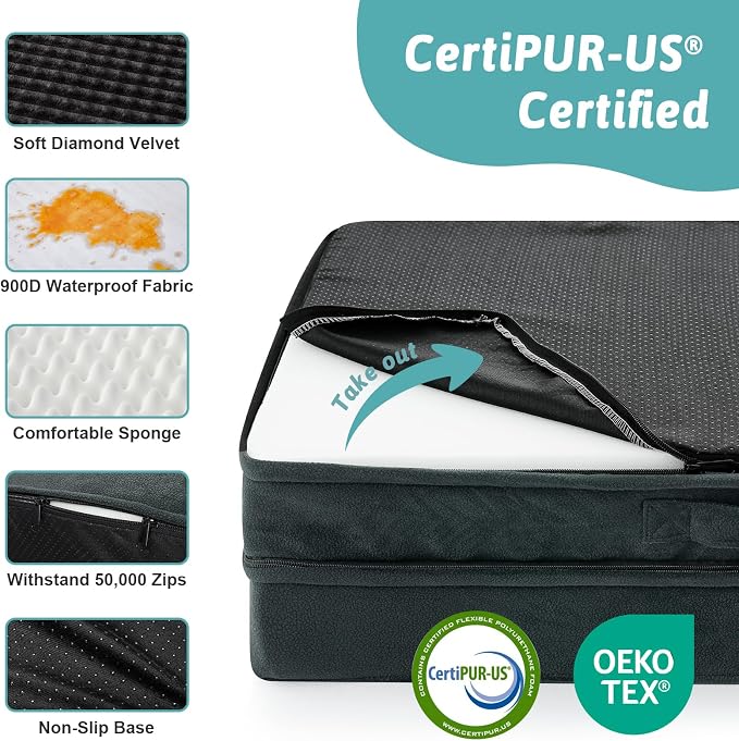 COZY KISS Orthopedic Dog Beds for Large Sized Dog, XL Bolster Pet Couch with Waterproof Lining, Egg Crate Foam Sofa for Pets Up to 100 lbs, U-Shaped, 44x32x7 inch, Black