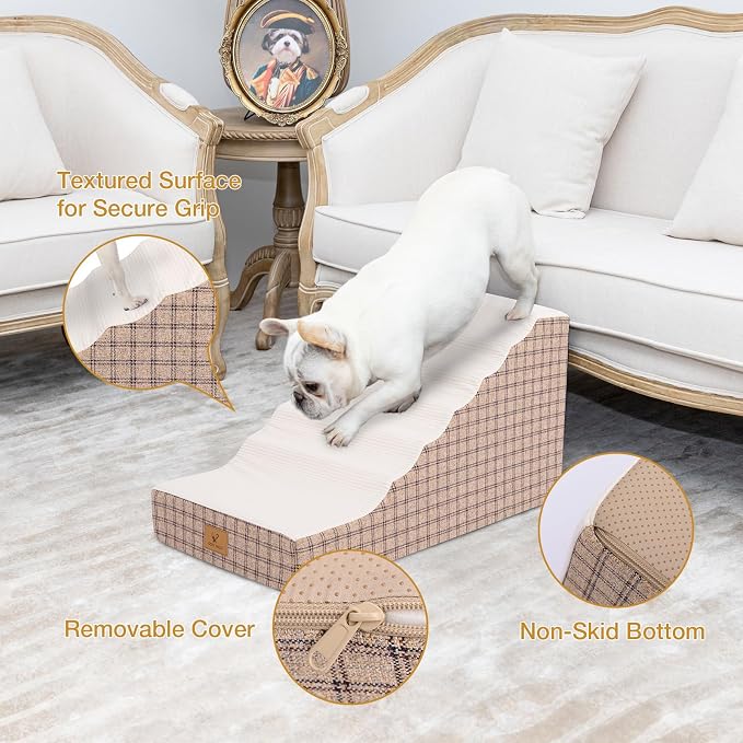Pets Ramp for High Beds, Small Dogs & Senior Cats - Non-Slip Texture & Machine Washable Cover - Supportive Foam for Joint Comfort, Easy Climb for Couch, Sofa, Furniture (Tan)