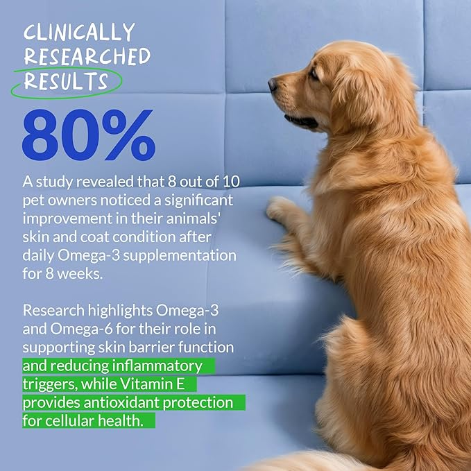 Omega 3 Fish Oil for Dogs 120 Tablets - Skin, Coat & Joint Support | Omega 3, 6 & 9 with Vitamin E. Supports skin & coat health, reduces shedding & dry skin. Promotes joint & heart function.