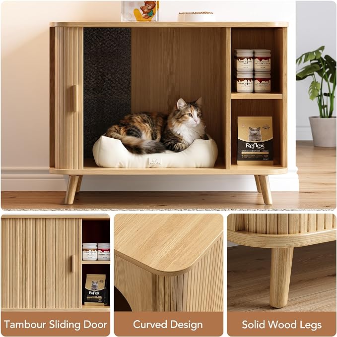 35.4" Cat Litter Box Enclosure with Sliding Door – Wooden Hidden Litter Box Furniture with 2-Layer Shelves, Side End Table for Living Room, Oak