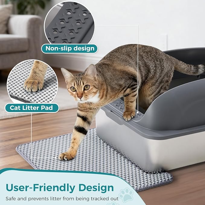OLIXIS Stainless Steel Cat Litter Box with Lid, Large Cat Litter Box for Big Cats, High Wall Sides, Anti-Urine Leakage, Easy Cleaning, Scoop and Mat Included, Easy Cleaning, Dark Gray