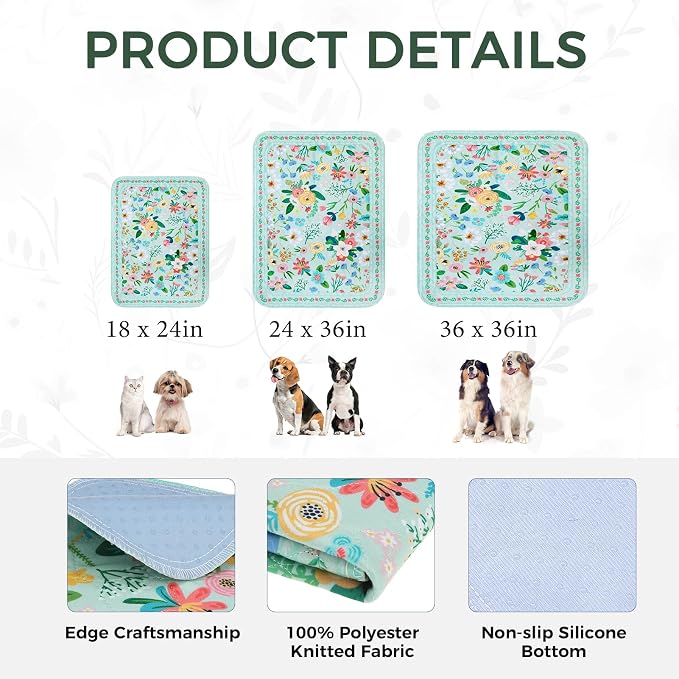 Homimp Washable Pee Pads for Dogs,2 Pack Spring Floral Reusable Puppy Pads Waterproof,Absorbent and Leakproof Dog Pee Pads,Non Slip Puppy Training Pads,Pet Mat for Floor,Whelping,Teal 18"x24"