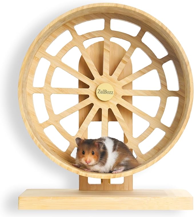 9" Silent Hamster Wheel, Carbonized Bamboo Running Wheel with Adjustable Height Stand for Syrian, Dwarf Hamsters, Gerbils & Mice