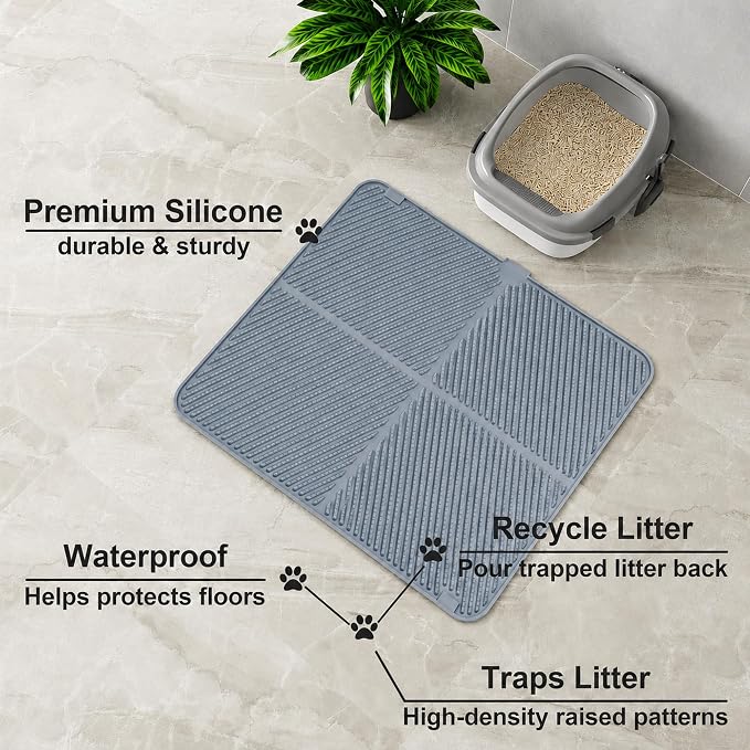 Silicone Cat Litter Mat 30" x 23",Large Cat Litter Mat for Litter Box, Waterproof Easy to Clean & Soft on Kitty Paws,Kitty Litter Pads for Indoor Cats-Grey