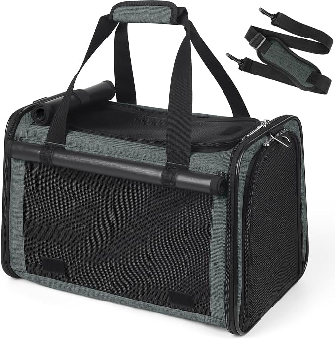 YUDODO 25lbs Cat Carrier Lightproof Soft Sided Pet Carrier for Large Cat & Small Dog Airline Approved Travel Puppy Carriers with Side Pockets & Reflective Mesh Foldable Portable for Outdoor Grey Green