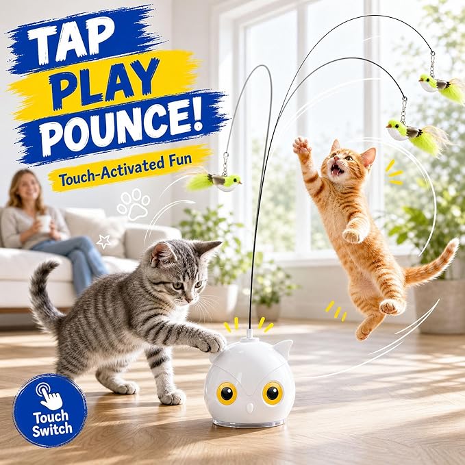 Interactive Cat Toys for Indoor Cats - Automatic Flying Bird Feather Toy with Sticky Suction Base, USB Rechargeable 360° Electric Cat Teaser, Touch Activated Self-Play Toy for Bored Cats