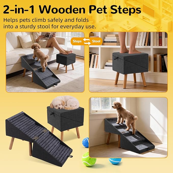 Dog Stairs for Small Dogs 17" H 2-in-1 Foldable | Wooden dog stairs for couch 2-in-1 ottoman steps Non-slip walking surface for puppy senior injured dogs Compact space-saving