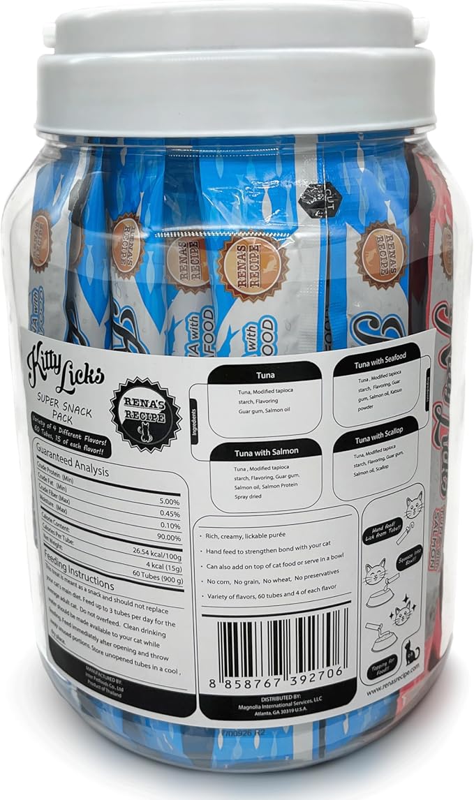 Rena's Recipe Kitty Licks Lickable Cat Treats, Tuna Variety Pack, 60 Tubes | Creamy grain-free tuna purée squeeze treats in a convenient 60-tube variety pack.