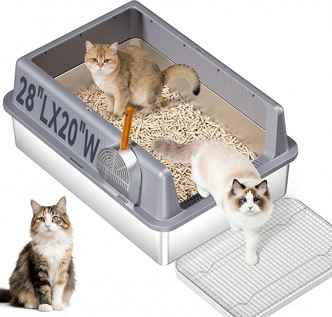 XXXL Stainless Steel Cat Litter Box with Lid (Gray-B)
