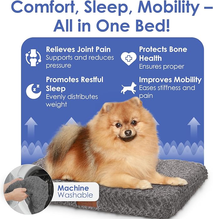 American Kennel Club Orthopedic Memory Foam Dog Crate Mat, Egg Crate Foam Cushion, Washable Cover, Non-Slip Base, Eases Joint Pain, Breathable, Durable, 24x19, Gray