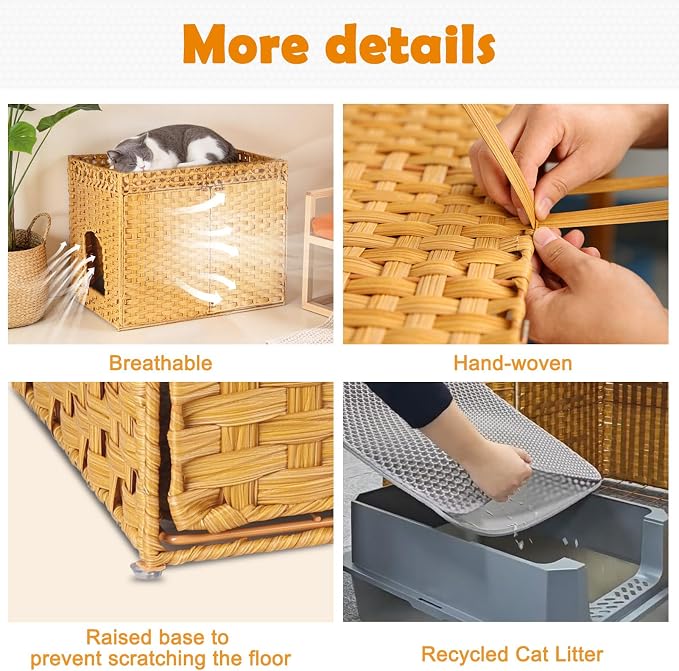 SZEE Cat Litter Box Enclosure Furniture, Hidden Litter Box with Mat, Handwoven Rattan Cat Houses for Indoor/Outdoor Cats, Large Litter Box Enclosure with 12” Edge for Living Room/Bedroom/Washroom