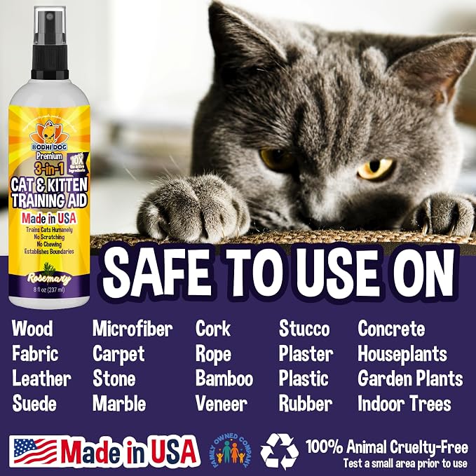 Bodhi 3-in-1 Cat & Kitten Training Aid - Cat Deterrent Spray for Indoor and Outdoor Use - Repellent to Establish Boundaries, Keep Cats Off Furniture, Protect Rugs & Plants - Made in USA (8 Fl Oz)