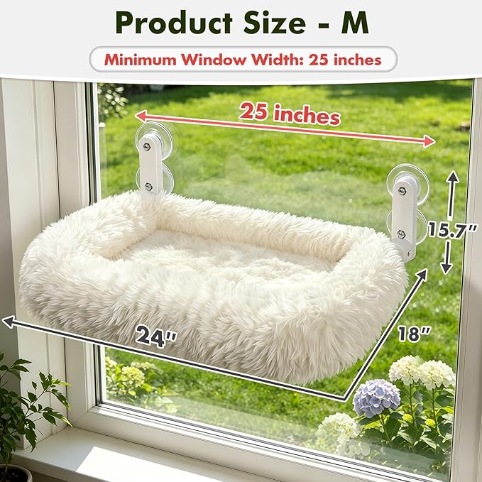 Zoratoo Cloud-Snuggle Cat Window Perch with 4-Sided Ultra-Thick & Fluffy Plush Cushion Bed, Foldable Cordless Cat Window Hammock for Window with Sturdy Metal Frame for Large Cats and Kittens (M,White)