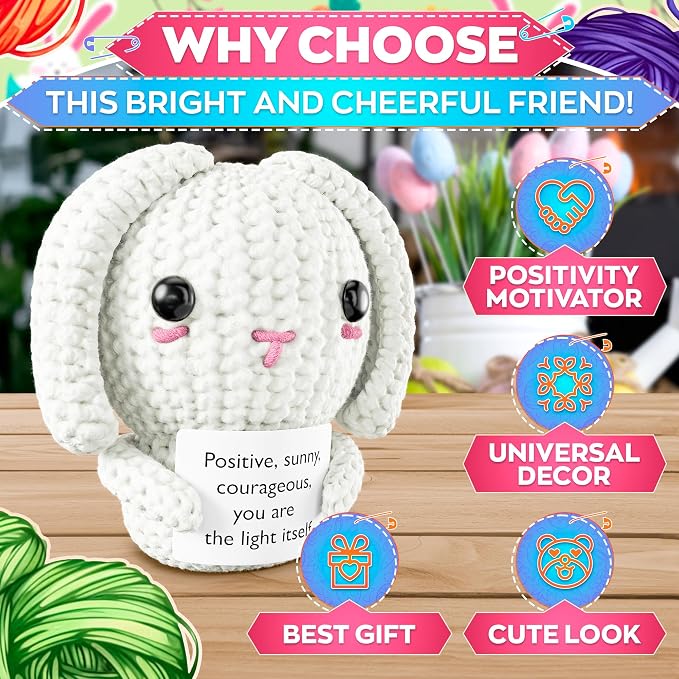 Soft Handcrafted Crochet Bunny Plush - Rabbit With Positive Message Card, Stuffed Bunny Rabbit Mini Pocket Companion for Desk Decor and Travel, Daily Cozy Gift for Mom, Grandma, Sister, Her or Friends