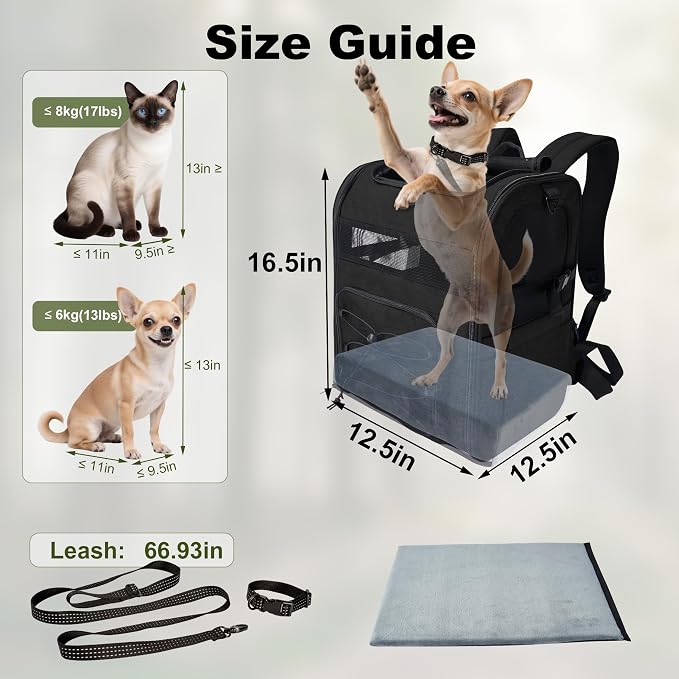 Dog Carrier Backpack for Small Dogs - Breathable Mesh Hiking Bag with Safety Buckle, Adjustable Straps and Elevated Pad - Durable for Hiking (Fits Small Cats Too, Up to 17lbs, Black)