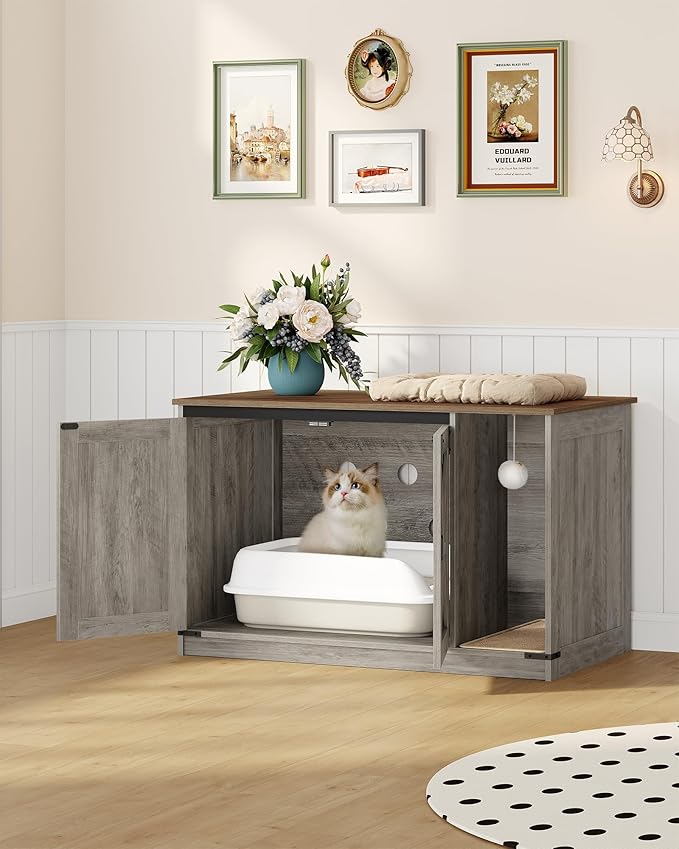 Hzuaneri Cat Litter Box Enclosure, Hidden Litter Box Cabinet Furniture with Bell, Indoor Cats House, Farmhouse Style, 39.4 x 21.7X 24.8 Inches, for Hallway, Bedroom, Greige CB85205X