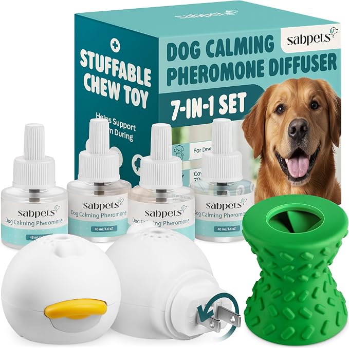 Dog Calming Diffuser Kit by SabPets – Pheromone Plug-in for Dogs, Helps Reduce Pee Accidents, Barking & Separation Anxiety – 2 Diffusers + 4 Refills + Toy | Mess-free support for home routines