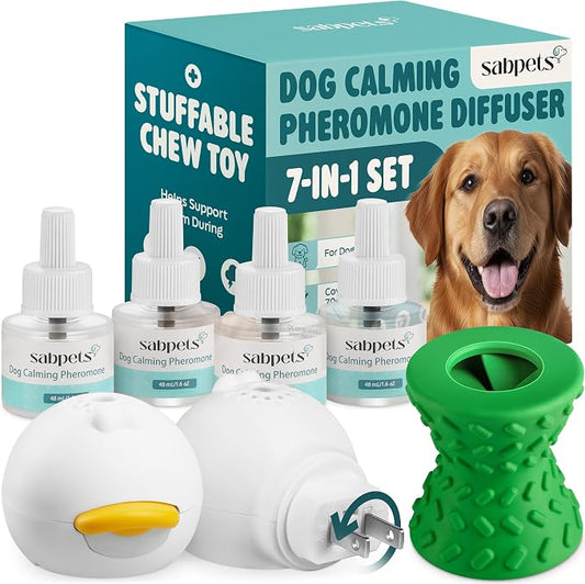 Dog Calming Diffuser Kit by SabPets – Pheromone Plug-in for Dogs, Helps Reduce Pee Accidents, Barking & Separation Anxiety – 2 Diffusers + 4 Refills + Toy | Mess-free support for home routines