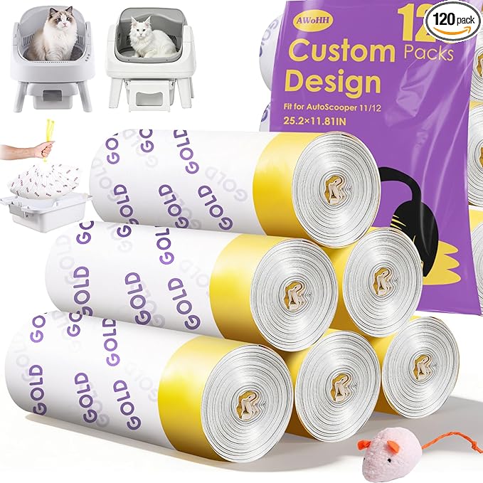 120 Count Automatic Cat Litter Box Bags for Pet Pivot AutoScooper 11/12 Open-Top Self-Cleaning Cat Litter Box, Heavy Duty Leak-Proof, Drawstring Design, Unscented, 25.19” x 11.8”